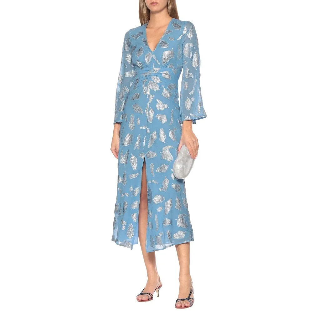 RIXO London Blue Indra Metallic Feather Print Midi Dress - Picture 1 of 12